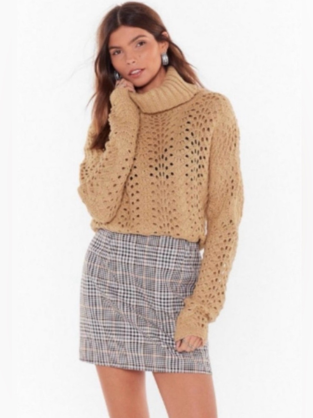 NWT Nasty Gal Camel Pointelle Knit Relaxed Turtleneck Sweater - Large